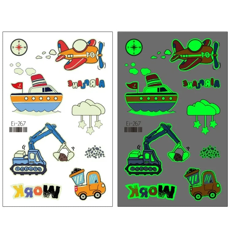 20片防水兒童發光卡通交通工具紋身貼紙，Ei-261, Ei-262, Ei-263, Ei-264, Ei-265, Ei-266, Ei-267, Ei-268, Ei-269, Ei-270, Ei-271, Ei-272, Ei-273, Ei-274, Ei-275, Ei-276