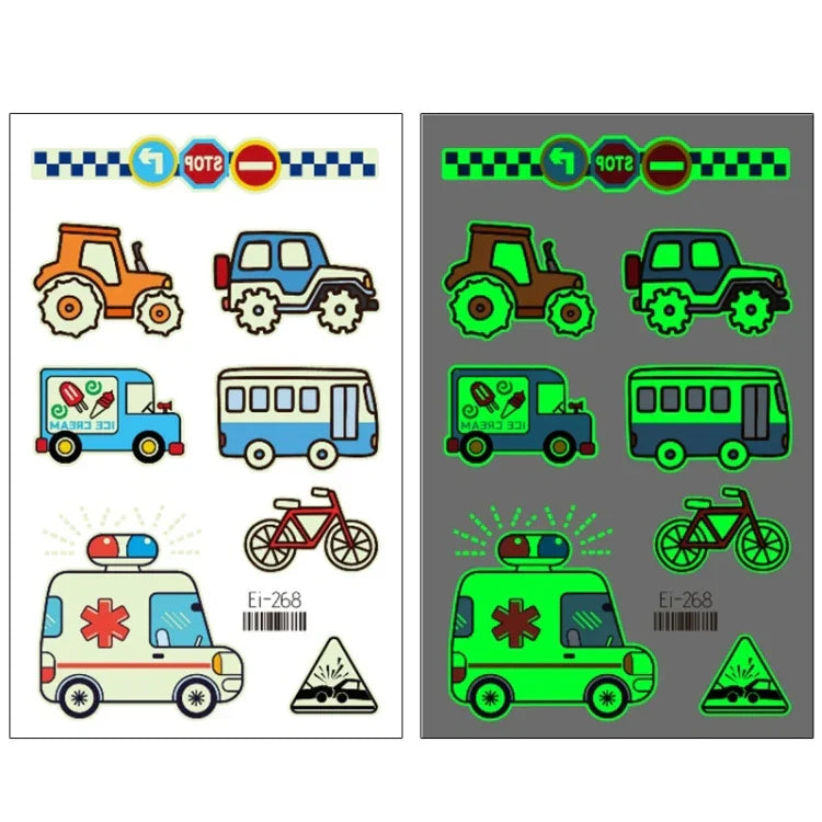 20片防水兒童發光卡通交通工具紋身貼紙，Ei-261, Ei-262, Ei-263, Ei-264, Ei-265, Ei-266, Ei-267, Ei-268, Ei-269, Ei-270, Ei-271, Ei-272, Ei-273, Ei-274, Ei-275, Ei-276