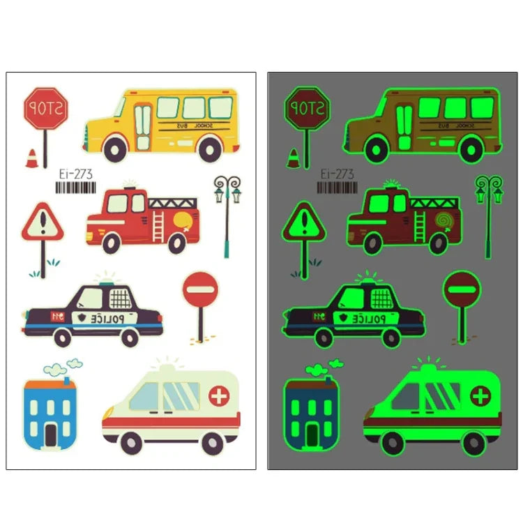 20片防水兒童發光卡通交通工具紋身貼紙，Ei-261, Ei-262, Ei-263, Ei-264, Ei-265, Ei-266, Ei-267, Ei-268, Ei-269, Ei-270, Ei-271, Ei-272, Ei-273, Ei-274, Ei-275, Ei-276