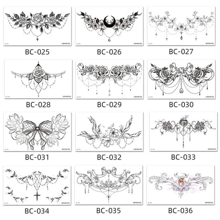 10片防水紋身貼紙 鎖骨胸部疤痕遮蓋貼紙，BC-025, BC-026, BC-027, BC-028, BC-029, BC-030, BC-031, BC-032, BC-033, BC-034, BC-035, BC-036