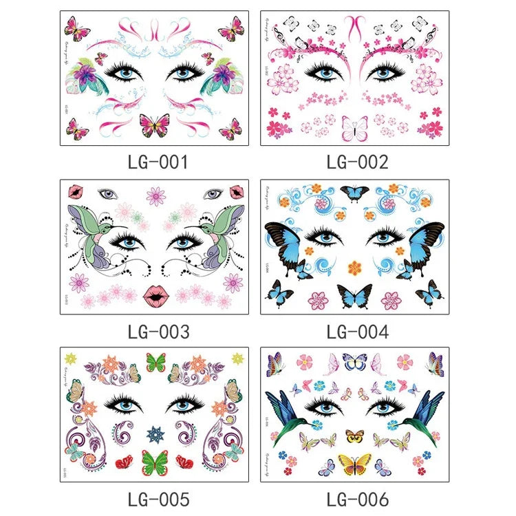 10片防水音樂節亮片紋身貼紙，LG-001，LG-002，LG-003，LG-004，LG-005，LG-006