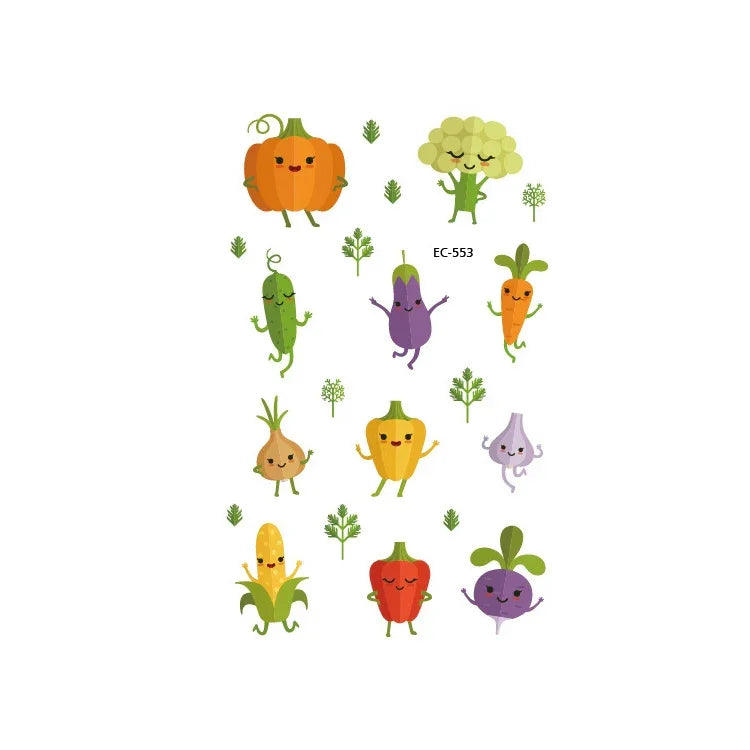 20片防水彩繪水果蔬菜植物兒童紋身貼紙，EC-531，EC-532，EC-533，EC-534，EC-535，EC-536，EC-537，EC-538，EC-539，EC-540，EC-541，EC-542，EC-543，EC-544，EC-545，EC-546，EC-547，EC-548，EC-549，EC-550，EC-551，EC-552