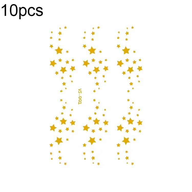 10片燙金防水音樂節面部紋身貼紙，VS-001、VS-002、VS-003、VS-004、VS-005、VS-006、VS-007、VS-008、VS-009、VS-010