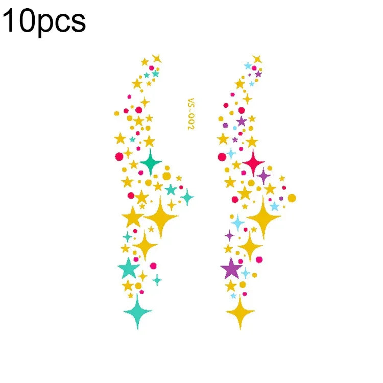 10片燙金防水音樂節面部紋身貼紙，VS-001、VS-002、VS-003、VS-004、VS-005、VS-006、VS-007、VS-008、VS-009、VS-010