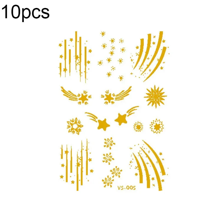 10片燙金防水音樂節面部紋身貼紙，VS-001、VS-002、VS-003、VS-004、VS-005、VS-006、VS-007、VS-008、VS-009、VS-010