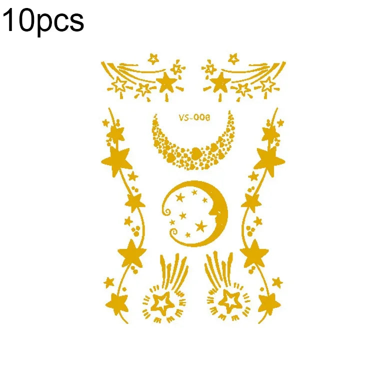 10片燙金防水音樂節面部紋身貼紙，VS-001、VS-002、VS-003、VS-004、VS-005、VS-006、VS-007、VS-008、VS-009、VS-010