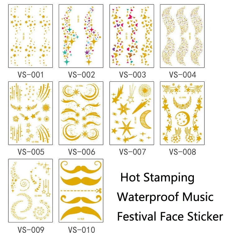 10片燙金防水音樂節面部紋身貼紙，VS-001、VS-002、VS-003、VS-004、VS-005、VS-006、VS-007、VS-008、VS-009、VS-010