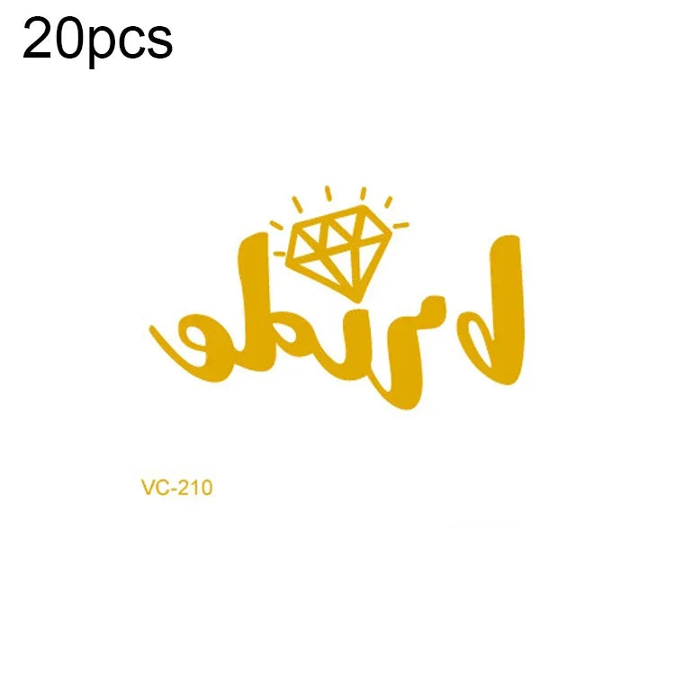 20片防水單身派對燙金婚禮新娘紋身貼紙，VC-204、VC-205、VC-206、VC-207、VC-208、VC-209、VC-210、VC-211、VC-212、VC-213、VC-214、VC-215、VC-216、VC-217、VC-218、VC-227、VC-228、VC-229、VC-230、VC-231、VC-232、VC-233