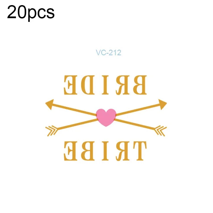20片防水單身派對燙金婚禮新娘紋身貼紙，VC-204、VC-205、VC-206、VC-207、VC-208、VC-209、VC-210、VC-211、VC-212、VC-213、VC-214、VC-215、VC-216、VC-217、VC-218、VC-227、VC-228、VC-229、VC-230、VC-231、VC-232、VC-233