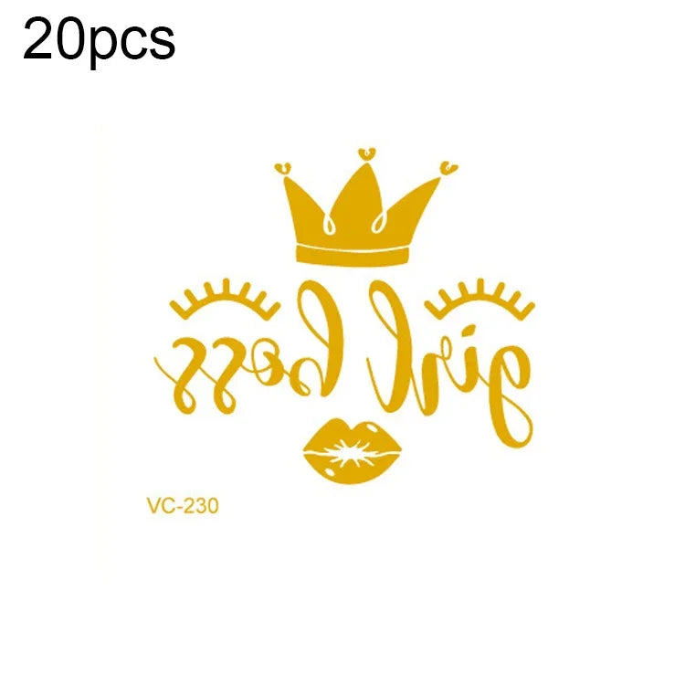 20片防水單身派對燙金婚禮新娘紋身貼紙，VC-204、VC-205、VC-206、VC-207、VC-208、VC-209、VC-210、VC-211、VC-212、VC-213、VC-214、VC-215、VC-216、VC-217、VC-218、VC-227、VC-228、VC-229、VC-230、VC-231、VC-232、VC-233