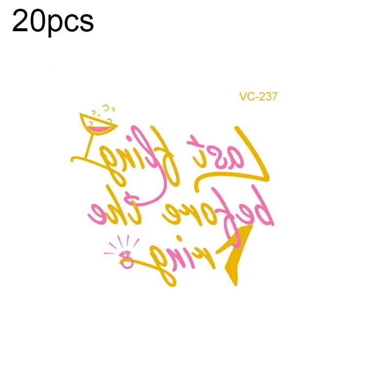 20片防水單身派對燙金婚禮新娘紋身貼紙，VC-204、VC-205、VC-206、VC-207、VC-208、VC-209、VC-210、VC-211、VC-212、VC-213、VC-214、VC-215、VC-216、VC-217、VC-218、VC-227、VC-228、VC-229、VC-230、VC-231、VC-232、VC-233