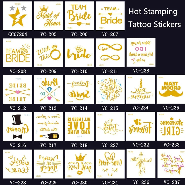 20片防水單身派對燙金婚禮新娘紋身貼紙，VC-204、VC-205、VC-206、VC-207、VC-208、VC-209、VC-210、VC-211、VC-212、VC-213、VC-214、VC-215、VC-216、VC-217、VC-218、VC-227、VC-228、VC-229、VC-230、VC-231、VC-232、VC-233