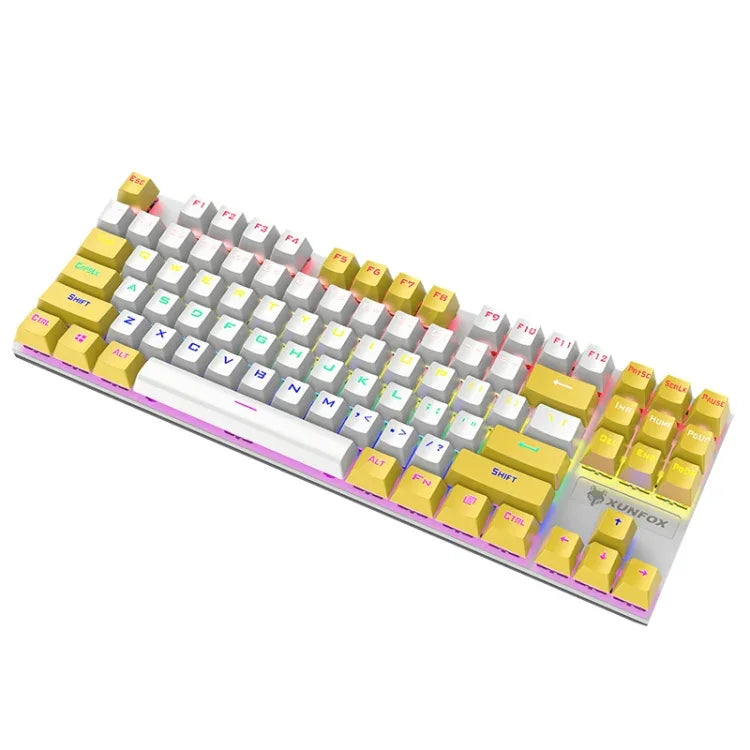 XUNFOX K80 87鍵有線遊戲機械背光鍵盤，線長1.5米，白黃、黑灰、粉白、藍白、白藍、黃白、灰黑