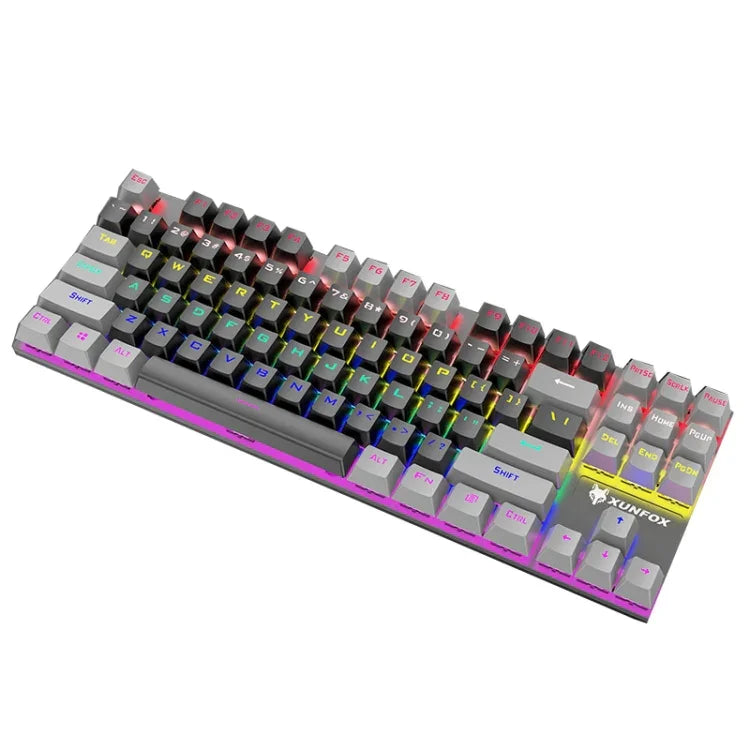 XUNFOX K80 87鍵有線遊戲機械背光鍵盤，線長1.5米，白黃、黑灰、粉白、藍白、白藍、黃白、灰黑