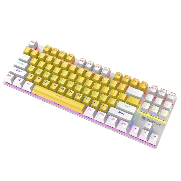 XUNFOX K80 87鍵有線遊戲機械背光鍵盤，線長1.5米，白黃、黑灰、粉白、藍白、白藍、黃白、灰黑