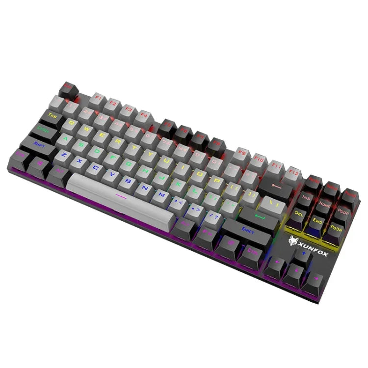 XUNFOX K80 87鍵有線遊戲機械背光鍵盤，線長1.5米，白黃、黑灰、粉白、藍白、白藍、黃白、灰黑