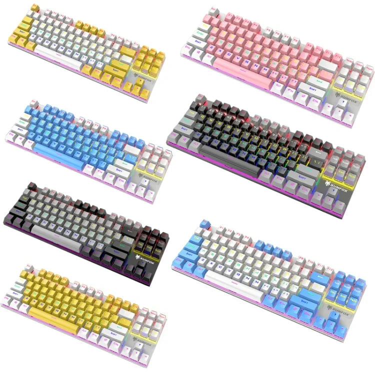 XUNFOX K80 87鍵有線遊戲機械背光鍵盤，線長1.5米，白黃、黑灰、粉白、藍白、白藍、黃白、灰黑