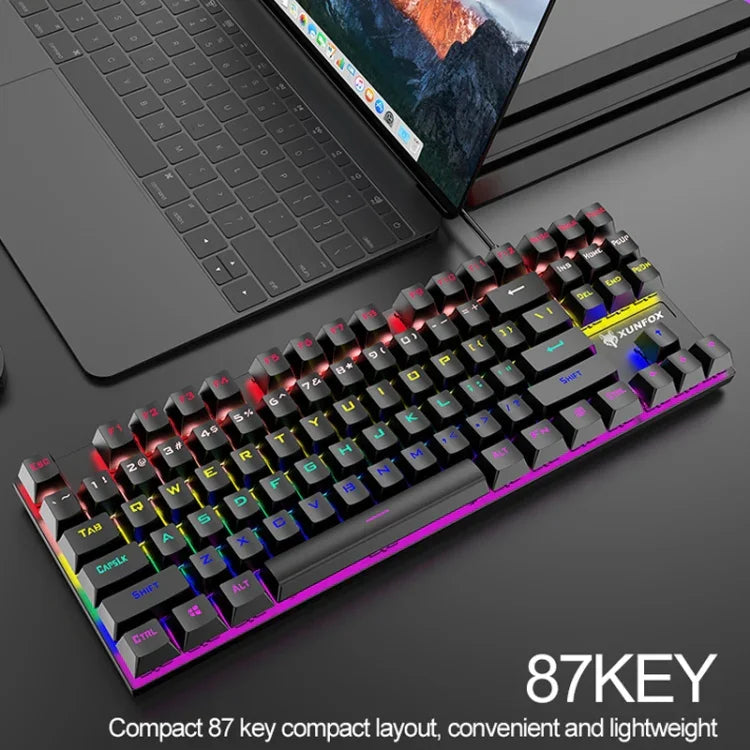 XUNFOX K80 87鍵有線遊戲機械背光鍵盤，線長1.5米，白黃、黑灰、粉白、藍白、白藍、黃白、灰黑