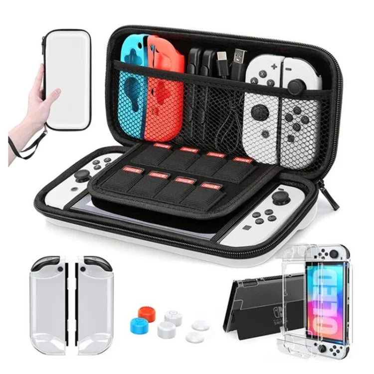 遊戲主機水晶殼遙感搖桿帽鋼化膜收納包套裝，適用於Switch OLED主機，收納包+水晶殼+搖桿帽x6+鋼化膜，白色收納包14合1（手繩），白色收納包16合1