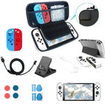 遊戲主機水晶殼遙感搖桿帽鋼化膜收納包套裝，適用於Switch OLED主機，收納包+水晶殼+搖桿帽x6+鋼化膜，白色收納包14合1（手繩），白色收納包16合1