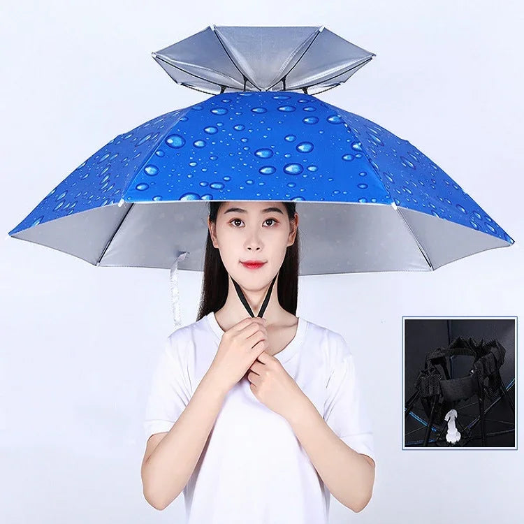 雙層釣魚傘帽戶外防曬防雨折疊傘帽，95藍色（彈性帶）、95銀色（彈性帶）、95藍色（橡膠套）、95銀色（橡膠套）、80藍色、80山茶色、95藍色乙烯基（橡膠套）