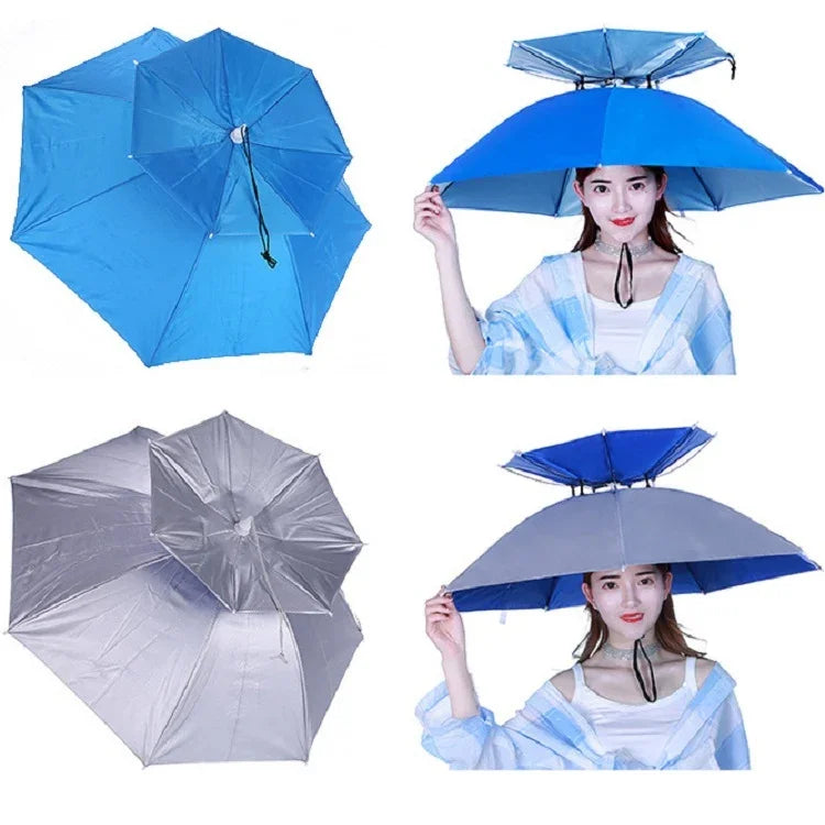雙層釣魚傘帽戶外防曬防雨折疊傘帽，95藍色（彈性帶）、95銀色（彈性帶）、95藍色（橡膠套）、95銀色（橡膠套）、80藍色、80山茶色、95藍色乙烯基（橡膠套）