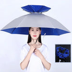 雙層釣魚傘帽戶外防曬防雨折疊傘帽，95藍色（彈性帶）、95銀色（彈性帶）、95藍色（橡膠套）、95銀色（橡膠套）、80藍色、80山茶色、95藍色乙烯基（橡膠套）