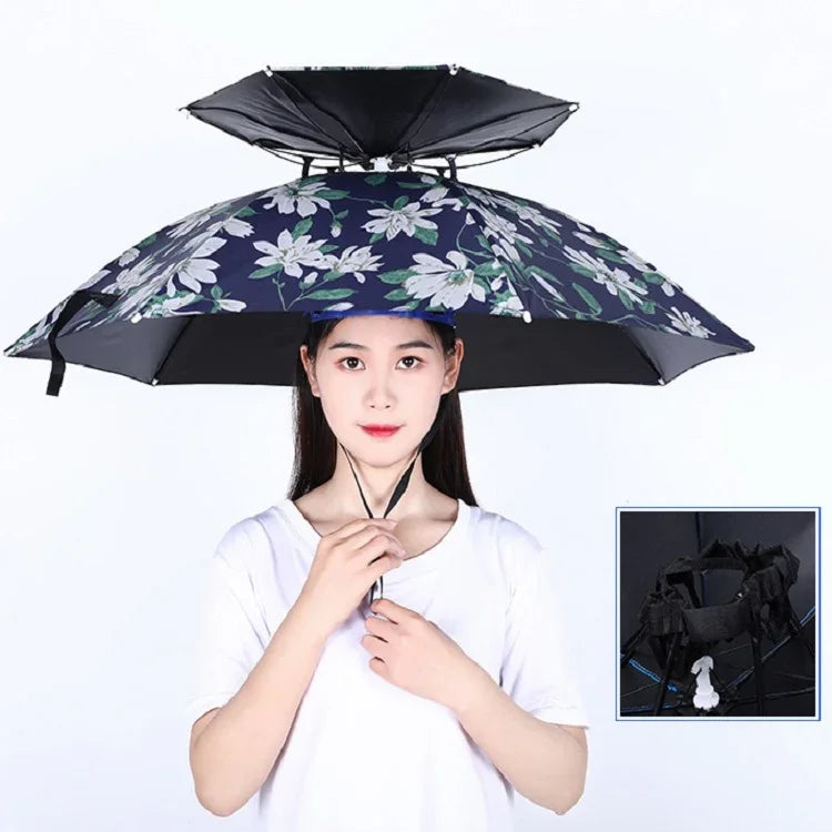 雙層釣魚傘帽戶外防曬防雨折疊傘帽，95藍色（彈性帶）、95銀色（彈性帶）、95藍色（橡膠套）、95銀色（橡膠套）、80藍色、80山茶色、95藍色乙烯基（橡膠套）