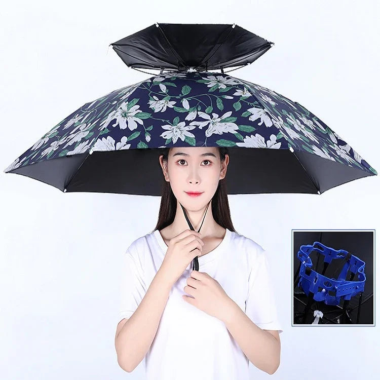 雙層釣魚傘帽戶外防曬防雨折疊傘帽，95藍色（彈性帶）、95銀色（彈性帶）、95藍色（橡膠套）、95銀色（橡膠套）、80藍色、80山茶色、95藍色乙烯基（橡膠套）