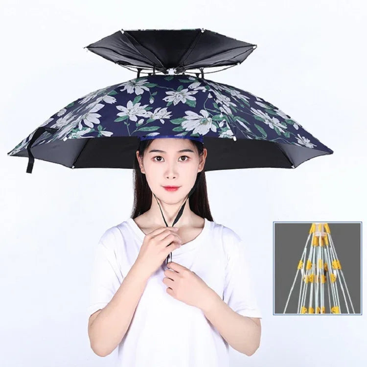 雙層釣魚傘帽戶外防曬防雨折疊傘帽，95藍色（彈性帶）、95銀色（彈性帶）、95藍色（橡膠套）、95銀色（橡膠套）、80藍色、80山茶色、95藍色乙烯基（橡膠套）