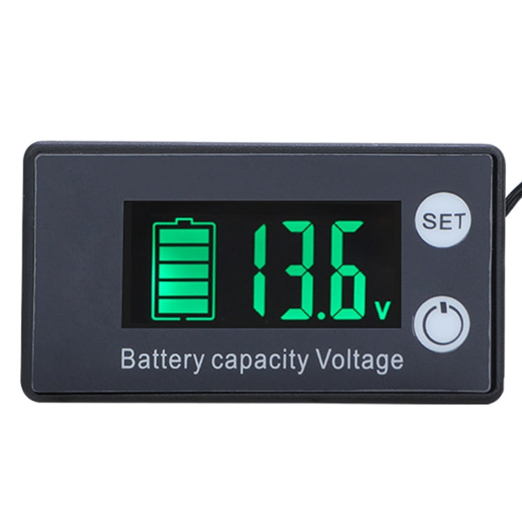 兩線數位顯示直流電壓表鉛酸鋰電池充電表，顏色：紅色、綠色、藍色、白色、紅色+溫度、綠色+溫度、藍色+溫度、白色+溫度