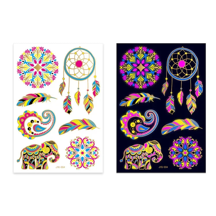 2片螢光銅色防水紋身貼紙，JYG-001、JYG-002、JYG-003、JYG-004、JYG-005、JYG-006、JYG-007、JYG-008