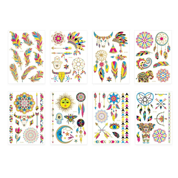2片螢光銅色防水紋身貼紙，JYG-001、JYG-002、JYG-003、JYG-004、JYG-005、JYG-006、JYG-007、JYG-008