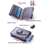 X-80 RFID 防盜刷紋皮革卡片夾，適用於 AirTag 第二代 / AirTag 第一代，黑色、藍色、咖啡色、杏色、碳纖維黑