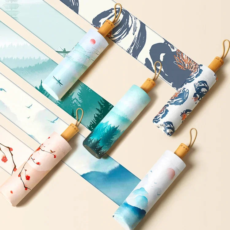 Retro Tri-Fold Wooden Handle 16-Bone Folding Sunscreen Parasol, Yunchun Tree, Sunset Mountains, Jiangnan Yi, Ao Hanmei, Chrysanthemum City