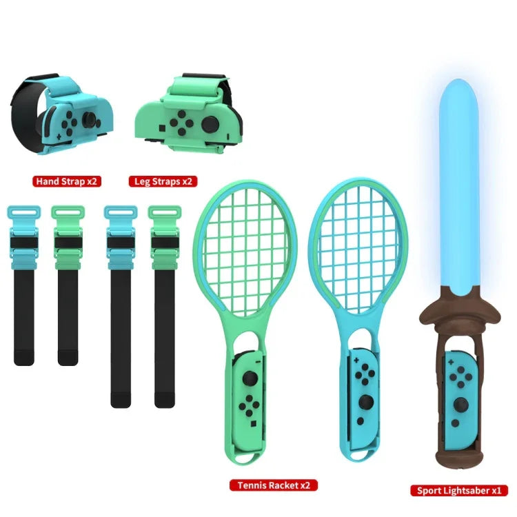 DOBE TNS-2123 運動光劍 + 腿帶 + 網球拍 + 手腕帶 7 合 1 運動套裝 適用於 Nintendo Switch，DOBE 7 合 1