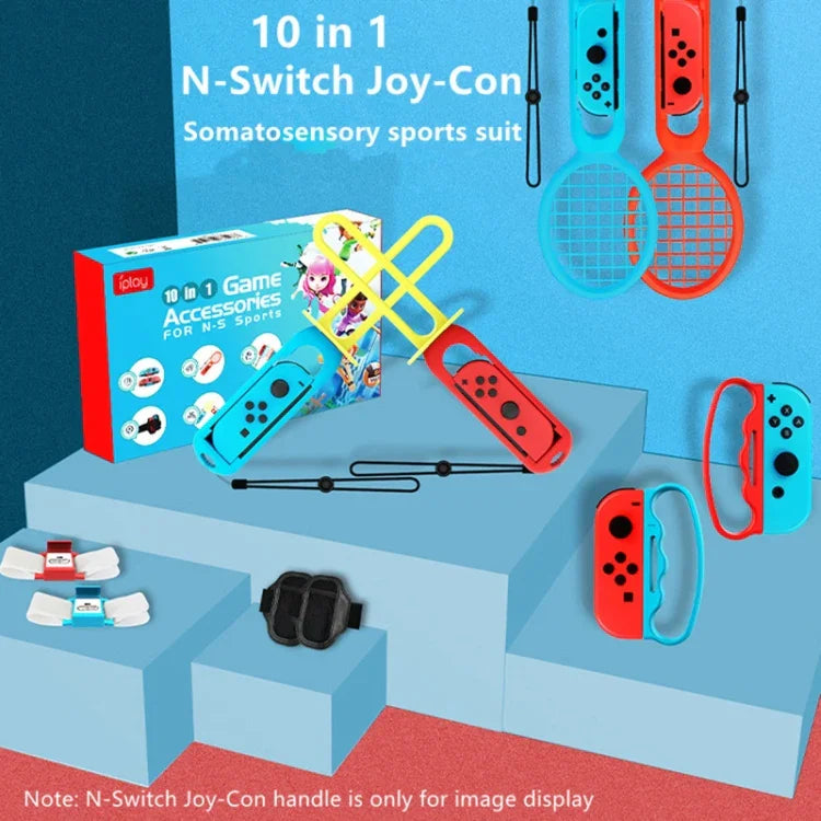 IPLAY HBS-447 10合1 握把 + 手腕帶 + 背帶 + 光劍 + 球拍運動組合，適用於 Nintendo Switch，IPLAY 10合1