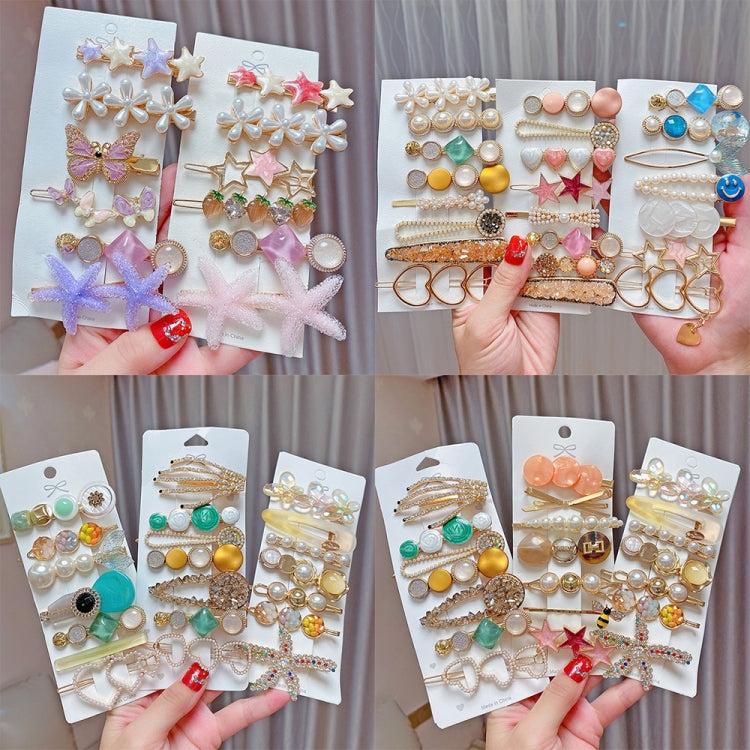 合金彩色髮夾頭飾珍珠水鑽夾套裝，8件套重工，8件套櫻桃，8件套粉櫻桃，8件套海星，7件套美人魚，4件套淺藍色，6件套紫色，6件套鮮綠色，8件套黃色，7件套黃頭飾