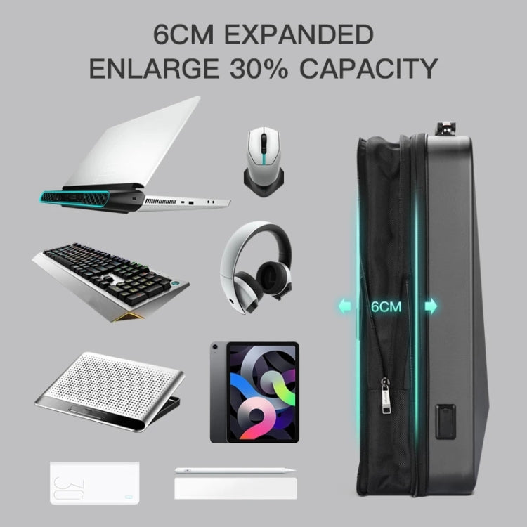 Bopai 61-93318A 硬殼防水可擴充背包，帶 USB 充電孔，規格：普通（銀色）、密碼鎖（銀色）、普通（黑色）、密碼鎖（黑色）