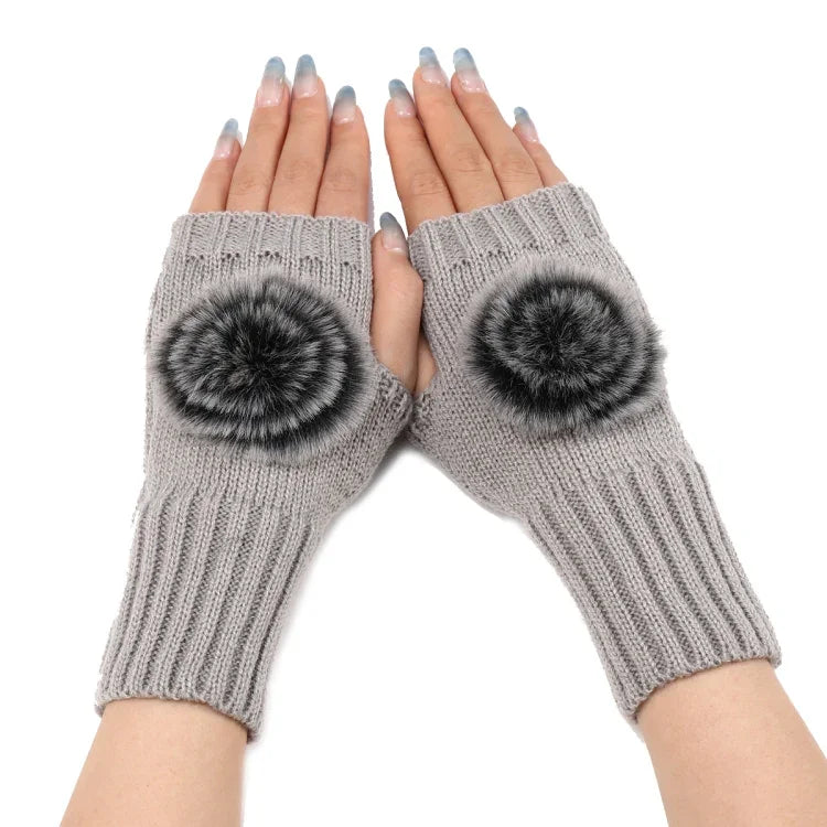 Autumn And Winter Women Fingerless Fur Ball Gloves Knitted Wool Warm Sleeves, Black, White, Dark Gray, Light Grey, Coffee, Wine Red, Khaki, Cream Color