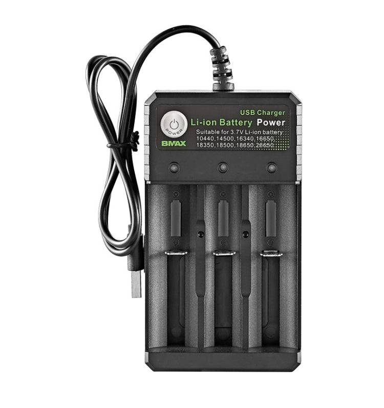 BMAX 18650 三槽USB充電座 3.7/4.2V 獨立鋰電池充電器，三槽USB（黑色）
