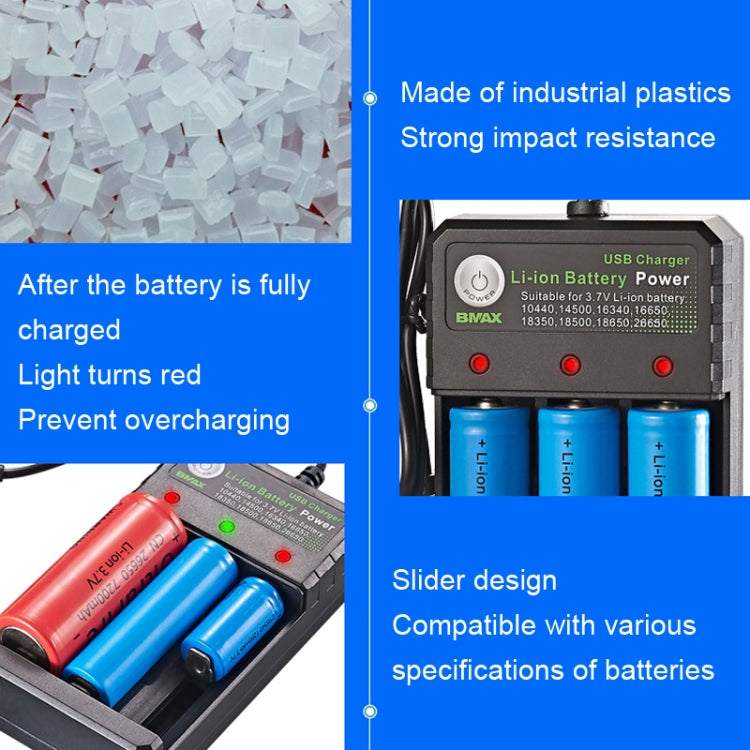 BMAX 18650 三槽USB充電座 3.7/4.2V 獨立鋰電池充電器，三槽USB（黑色）