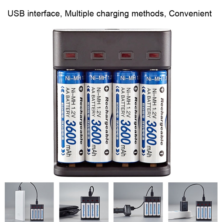 BMAX BH-804U 1.2V AA/AAA 可充電電池獨立四槽USB充電器，四槽Micro USB（黑色）