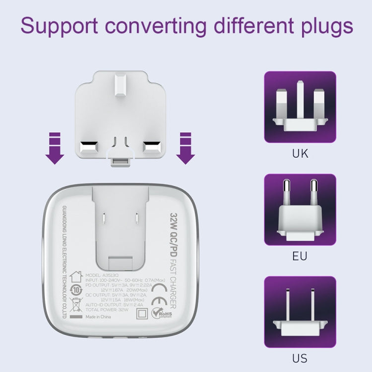 LDNIO A3513Q 32W QC3.0 3 USB 埠手機轉接器，歐規插頭附 Micro USB 線，歐規插頭附 8 Pin 線，歐規插頭附 Type-C 線，歐規插頭附 Type C 轉 8 Pin 線，英規插頭附 Micro USB 線，英規插頭附 8 Pin 線，英規插頭附 Type-C 線