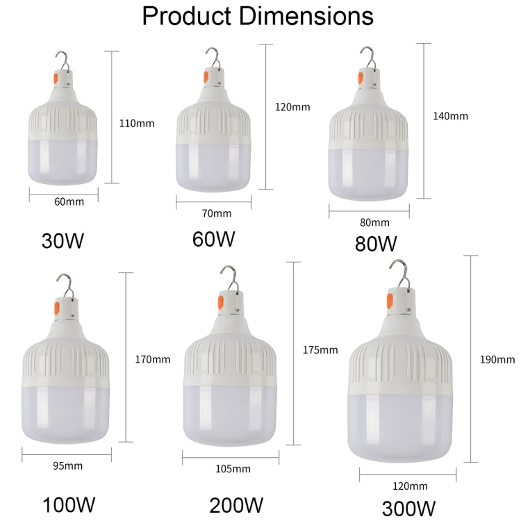 AB26 USB 充電 LED 燈泡 夜市攤位燈 戶外露營吊燈，功率：30W（白光）、60W（白光）、80W（白光）、100W（白光）、200W（白光）、300W（白光）、80W（橙光）、100W（橙光）、200W（橙光）、300W（橙光）