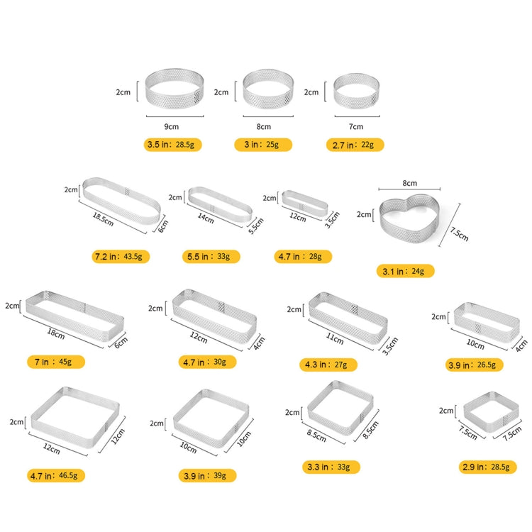 BN1006不銹鋼慕斯圈加厚穿孔蛋糕模DIY烘焙工具，愛心(3.1英寸)，長方形(4.3英寸)，長方形(4.7英寸)，長方形(7英寸)，正方形(2.9英寸)，正方形(3.3英寸)，正方形(3.9英寸)，正方形(4.7英寸)