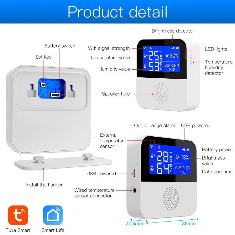 Tuya WIFI 溫濕度感測器，帶 2.9 吋 LCD 顯示，規格：僅感測器，帶感測線