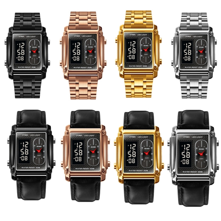 SKMEI 1868 Square Double Display Waterproof Men Watch, Style:, Steel Belt (Rose Gold), Leather Belt (Rose Gold)