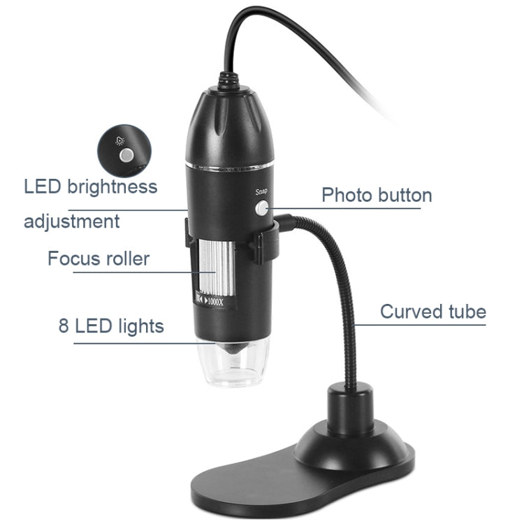 A8 50X-1000X USB 軟管支架數位顯微鏡 LED 燈手持便攜顯微鏡，A8 50X-1000X