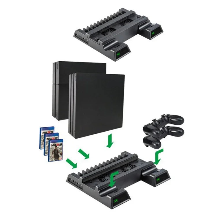 適用於 PS4 / PS4 Slim / PS4 Pro 散熱風扇支架主機直立支架冷卻器帶雙控制器充電器，JL-P1908